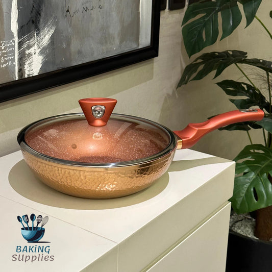 14″ Marble-Coated Wok & 2-in-1 Steamer/Deep Karahi with Brass Base