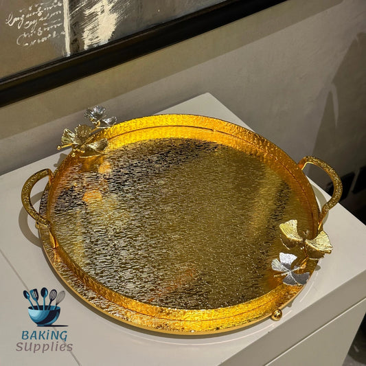16-Inch Gold & Silver Metal Thaal with Butterfly Detail