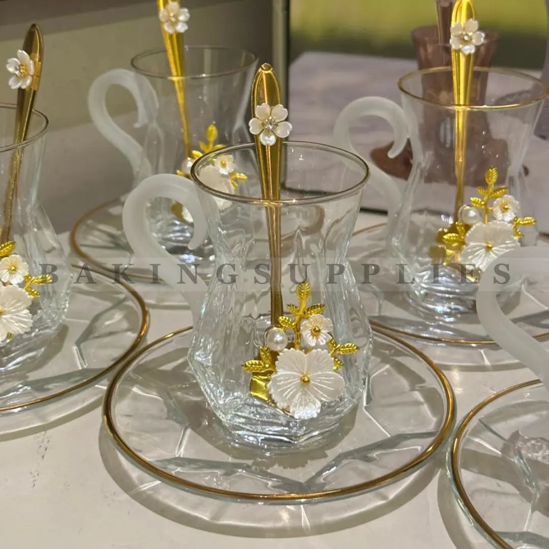 18 Piece Glass Kahwa Cup Set with 3D Flowers & Gold Spoons