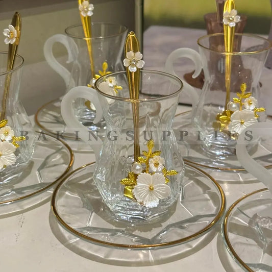 18 Piece Glass Kahwa Cup Set with 3D Flowers & Gold Spoons