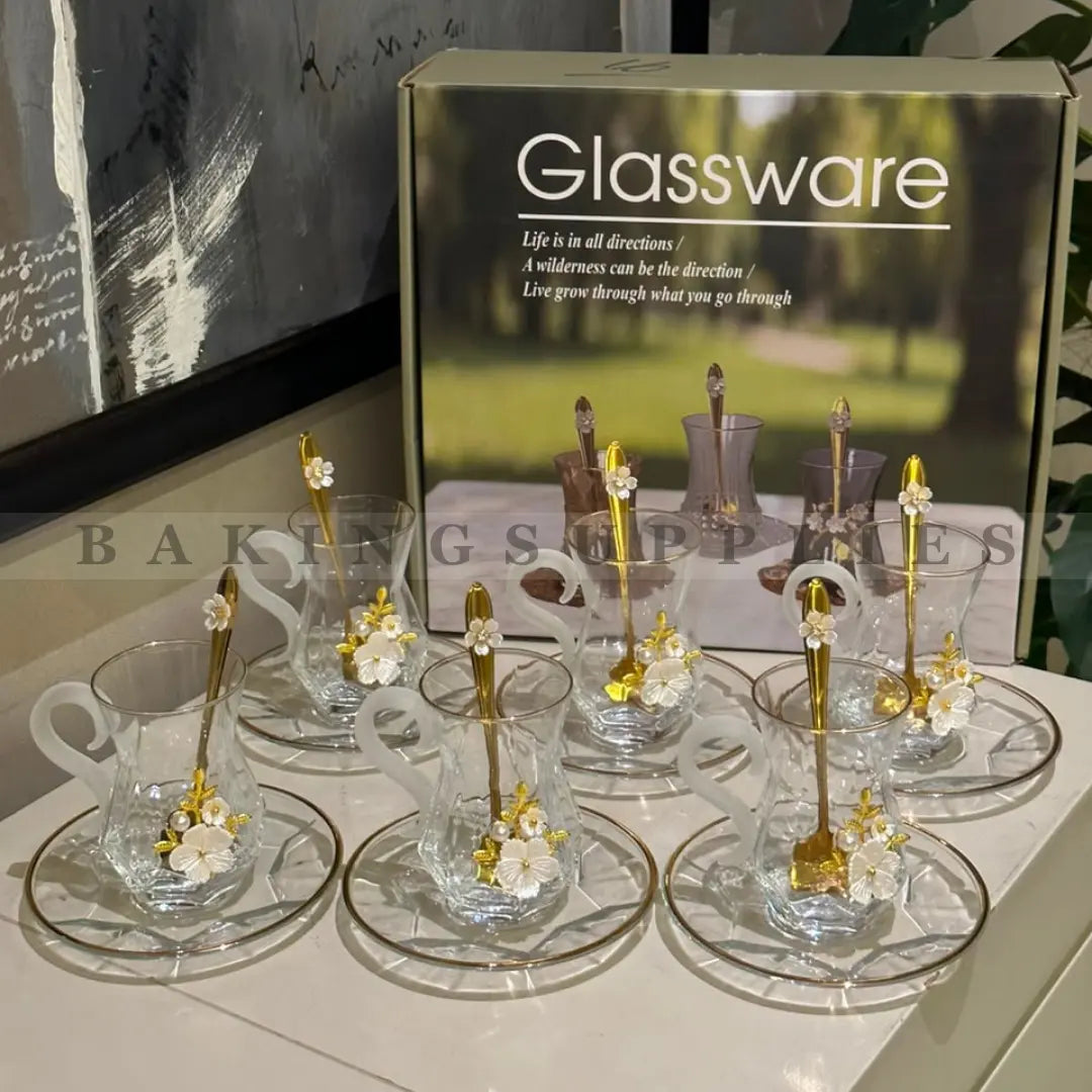 18 Piece Glass Kahwa Cup Set with 3D Flowers & Gold Spoons