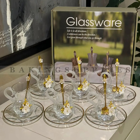 18 Piece Glass Kahwa Cup Set with 3D Flowers & Gold Spoons