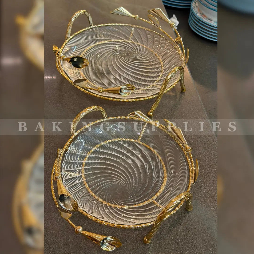 2-Piece Luxury Glass Serving Bowl Set with Gold Stand