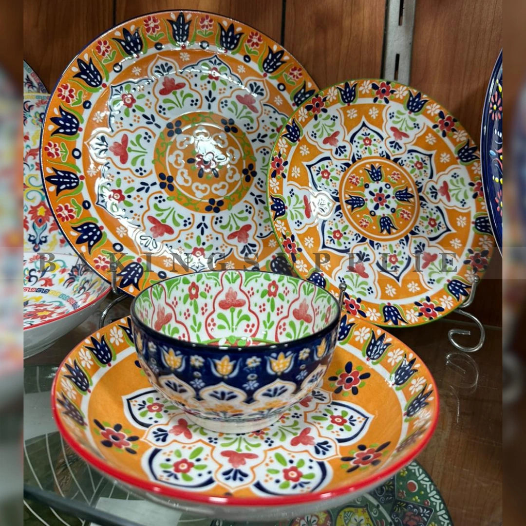 24-Piece Hand-Painted Ceramic Dinnerware Set – Colorful Floral Design