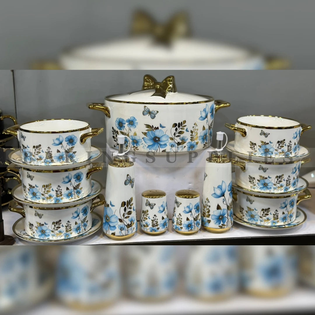24-Piece Luxury Blue Floral Ceramic Soup Set with Gold Accents