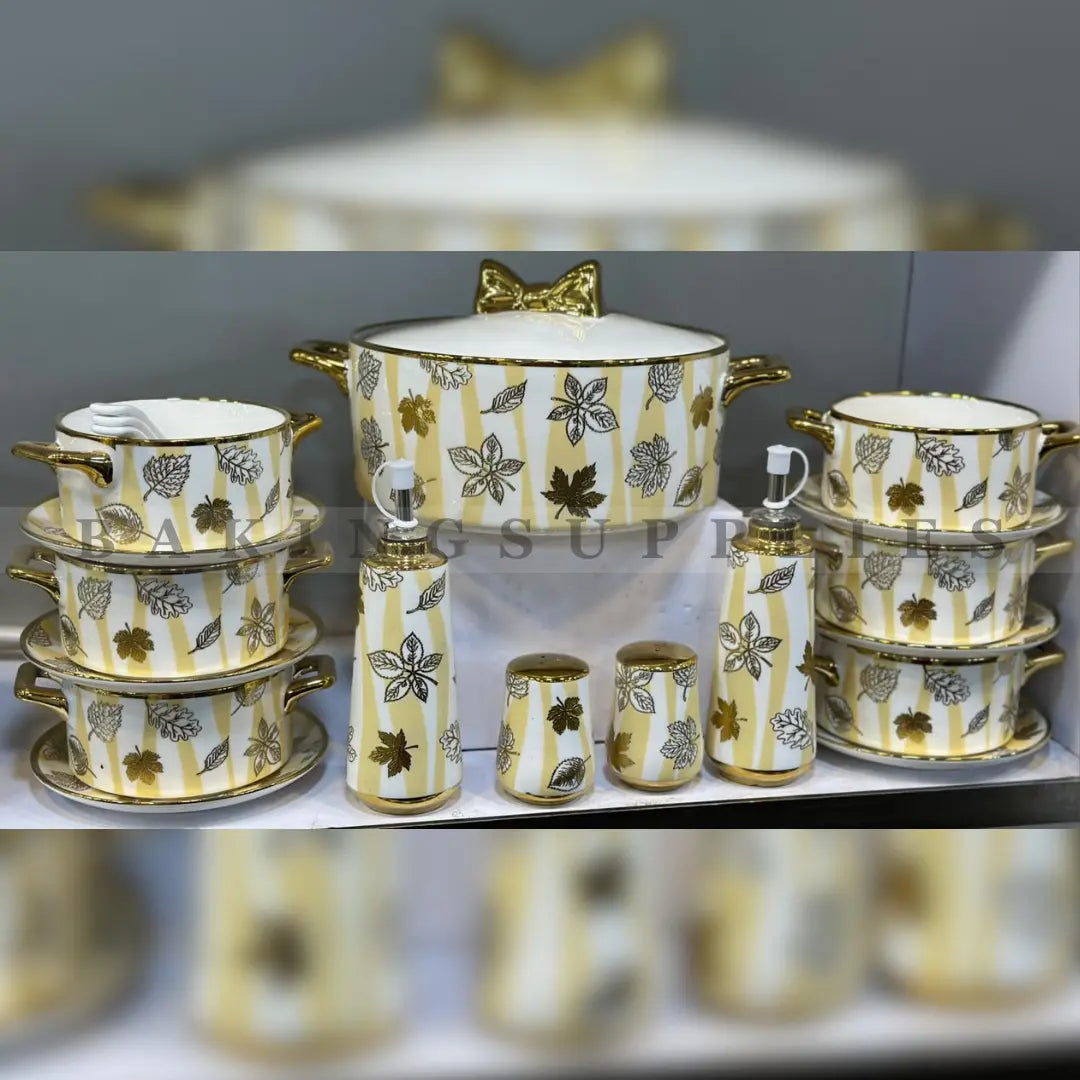 24-Piece Luxury Golden Leaf Ceramic Soup Set