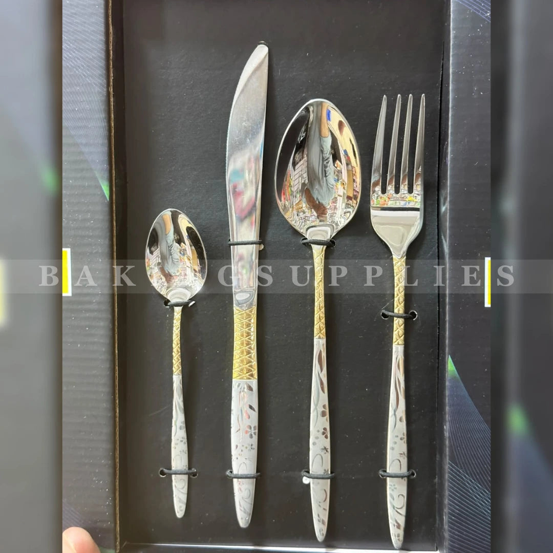 24-Piece Stainless Steel Cutlery Set with Gold & Floral Design