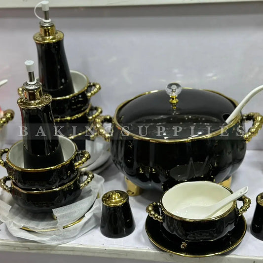 24 Piece Luxury Ceramic Soup Set with Gold Accents