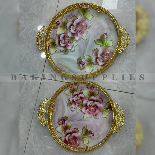 2 Piece Luxury Floral Serving Tray Set with Gold Handles