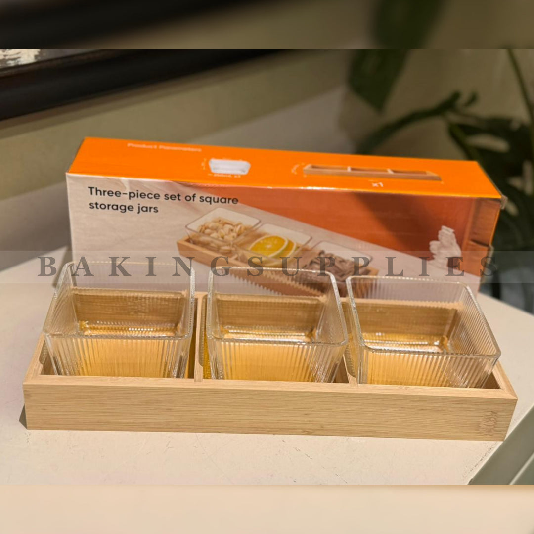 3-Piece Square Glass Storage Jar Set with Bamboo Tray