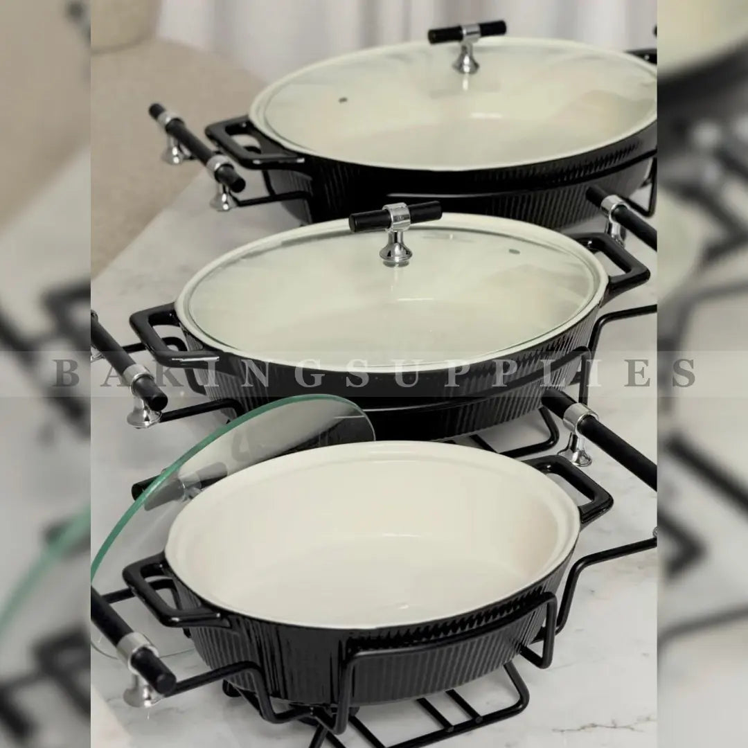 3-Piece Black Ceramic Casserole Serving Set with Glass Lids & Metal Stands