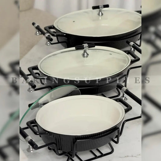 3-Piece Black Ceramic Casserole Serving Set with Glass Lids & Metal Stands