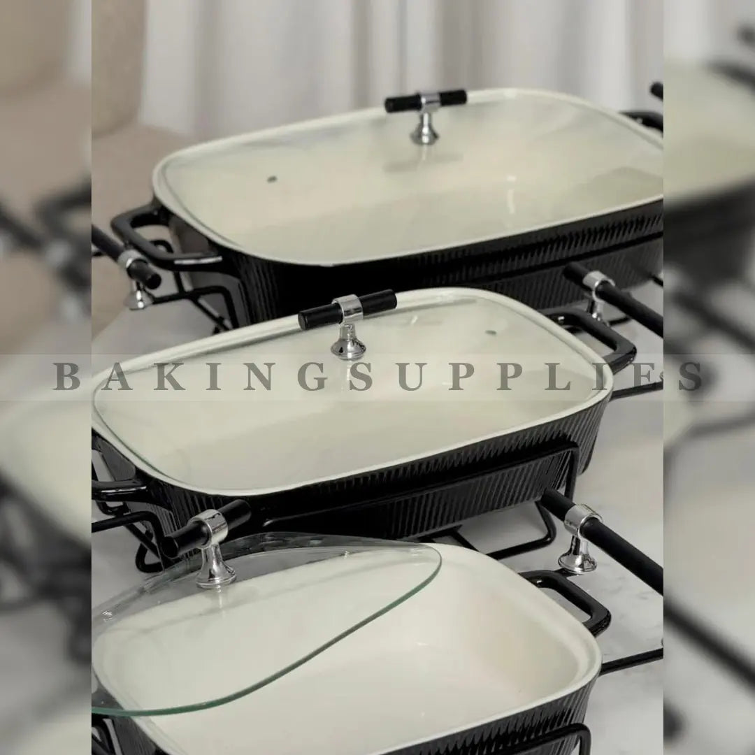 3-Piece Black Ceramic Casserole Serving Set with Glass Lids & Metal Stands