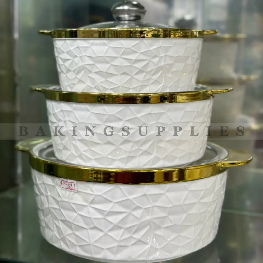 3-Piece White & Gold Geometric Ceramic Casserole Set