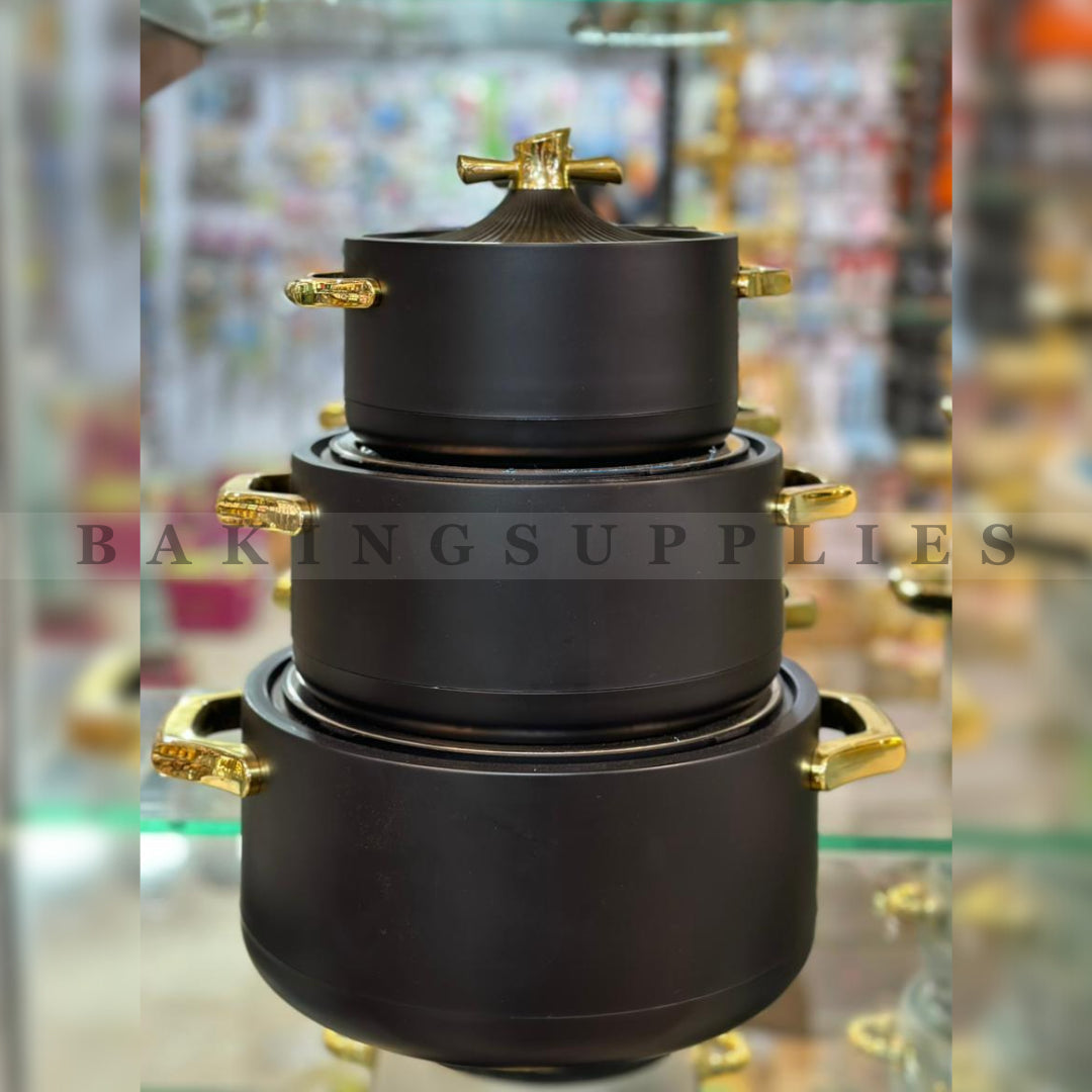 3 Pc Hot Pot Set with Gold Handles – Insulated Serving Casserole Set