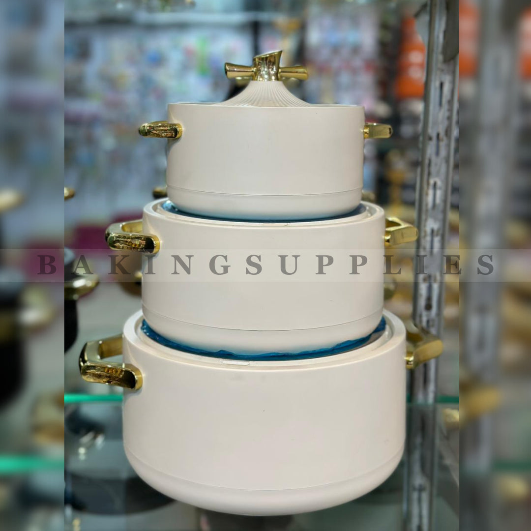 3 Pc Hot Pot Set with Gold Handles – Insulated Serving Casserole Set