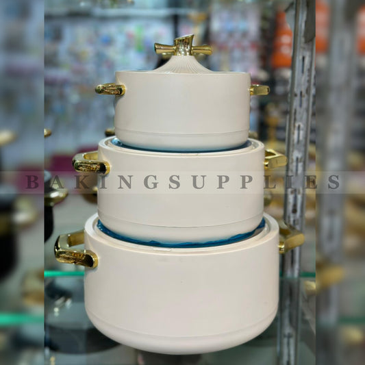 3 Pc Hot Pot Set with Gold Handles – Insulated Serving Casserole Set