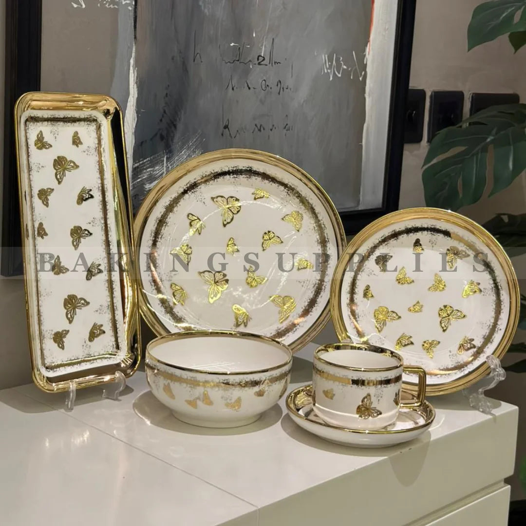 32-Piece Breakfast Set – White & Gold Butterfly Design (Serves 6)
