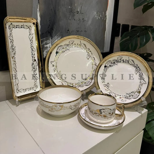 32-Piece Breakfast Set – White & Gold Leaf Design (Serves 6)