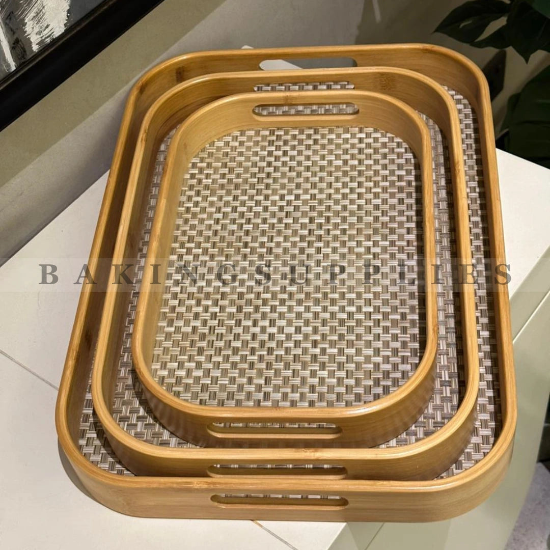 3 Piece Bamboo Serving Tray Set – Rectangular Multipurpose Nesting Trays