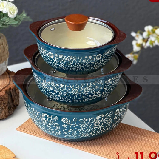 3 Piece Ceramic Bowl Set with Lids – Floral Design