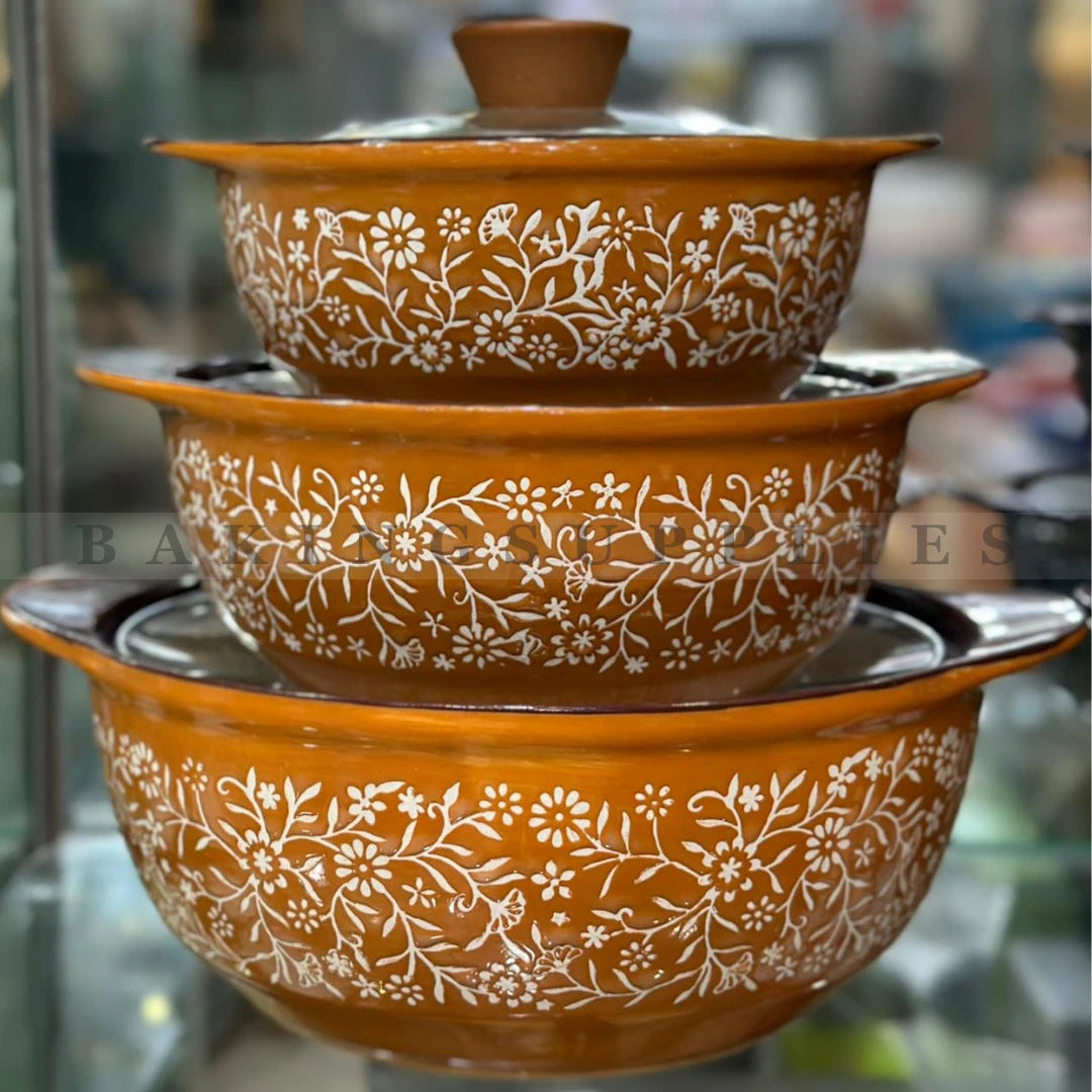 3 Piece Ceramic Bowl Set with Lids – Floral Design
