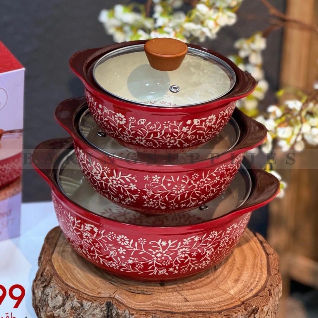 3 Piece Ceramic Bowl Set with Lids – Floral Design