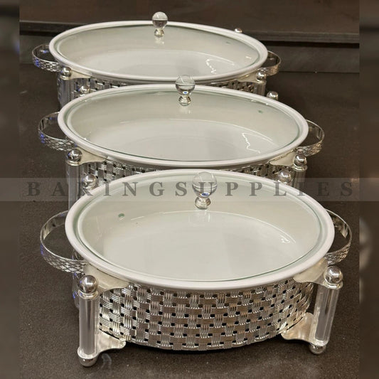 Set of 3 Luxury Chafing Dishes with Ceramic Platters & Glass Lids
