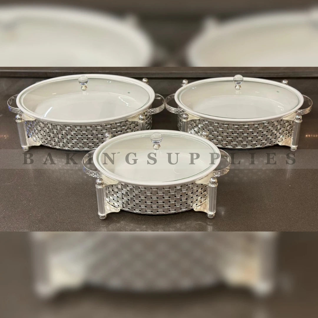 Set of 3 Luxury Chafing Dishes with Ceramic Platters & Glass Lids