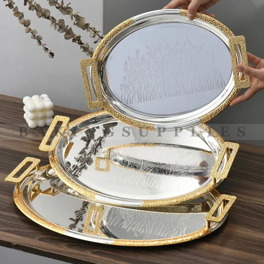 3 Piece Luxury Gold & Silver Oval Serving Platter Set