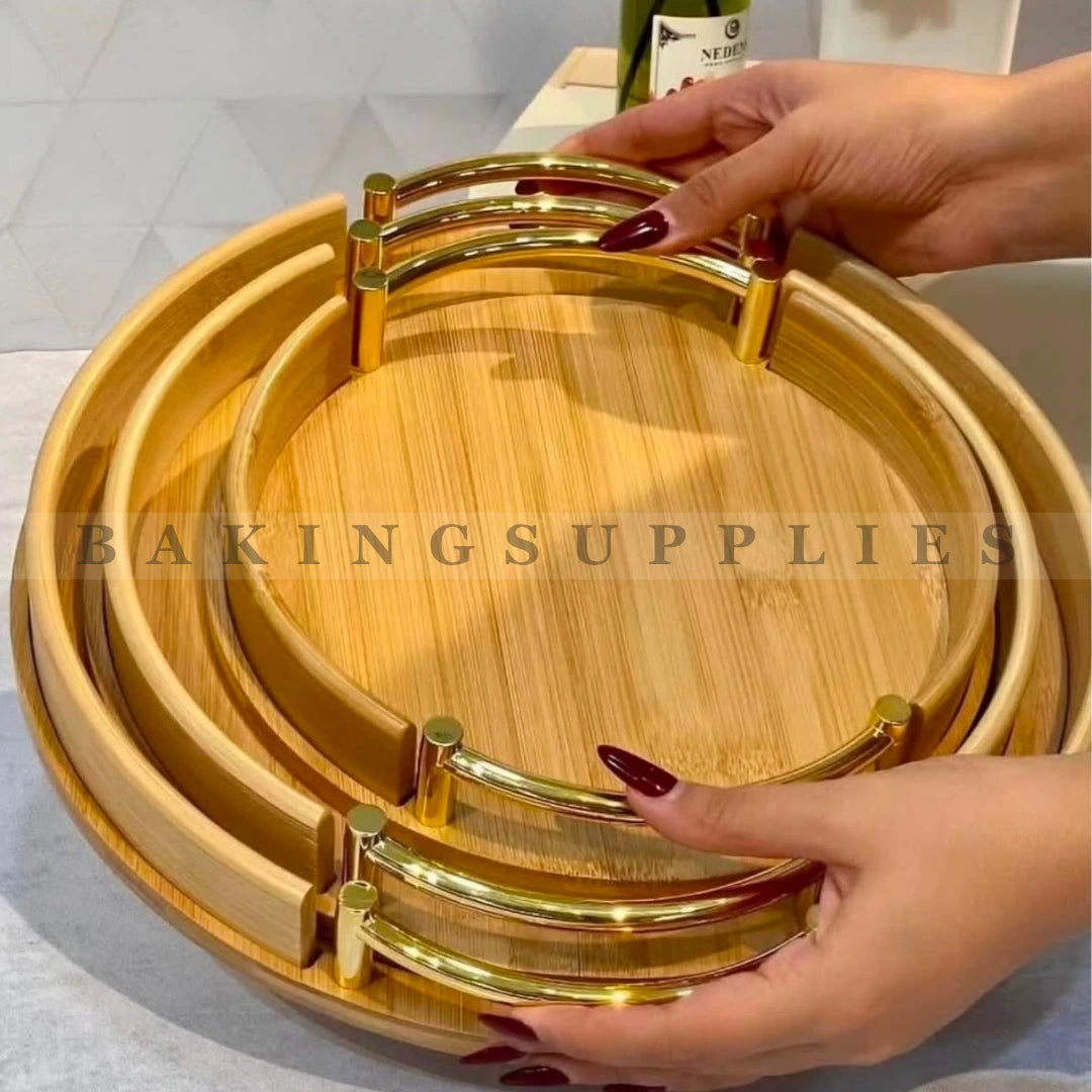 3 Piece Round Bamboo Serving Tray Set with Gold Handles