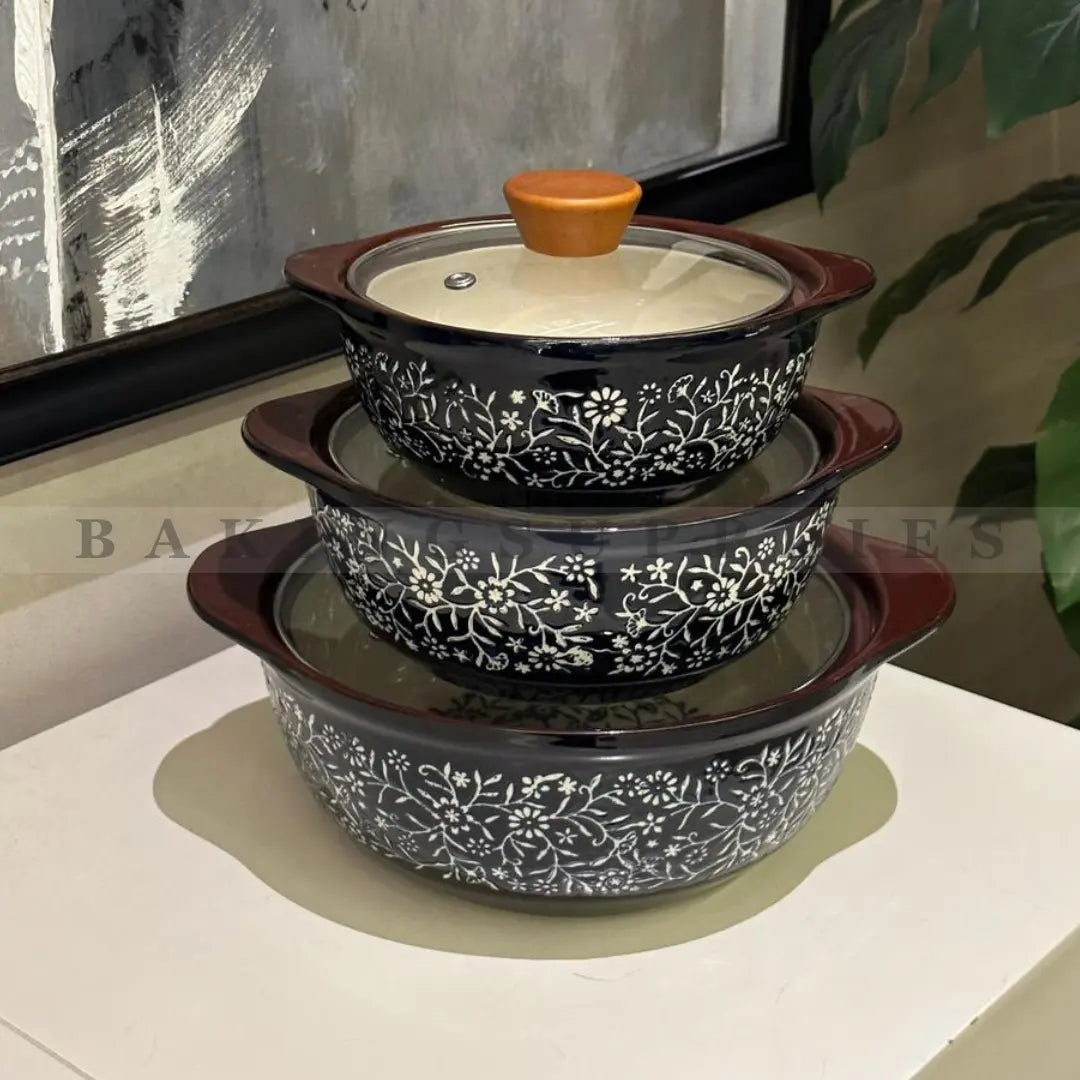 3 Piece Ceramic Bowl Set with Lids – Floral Design