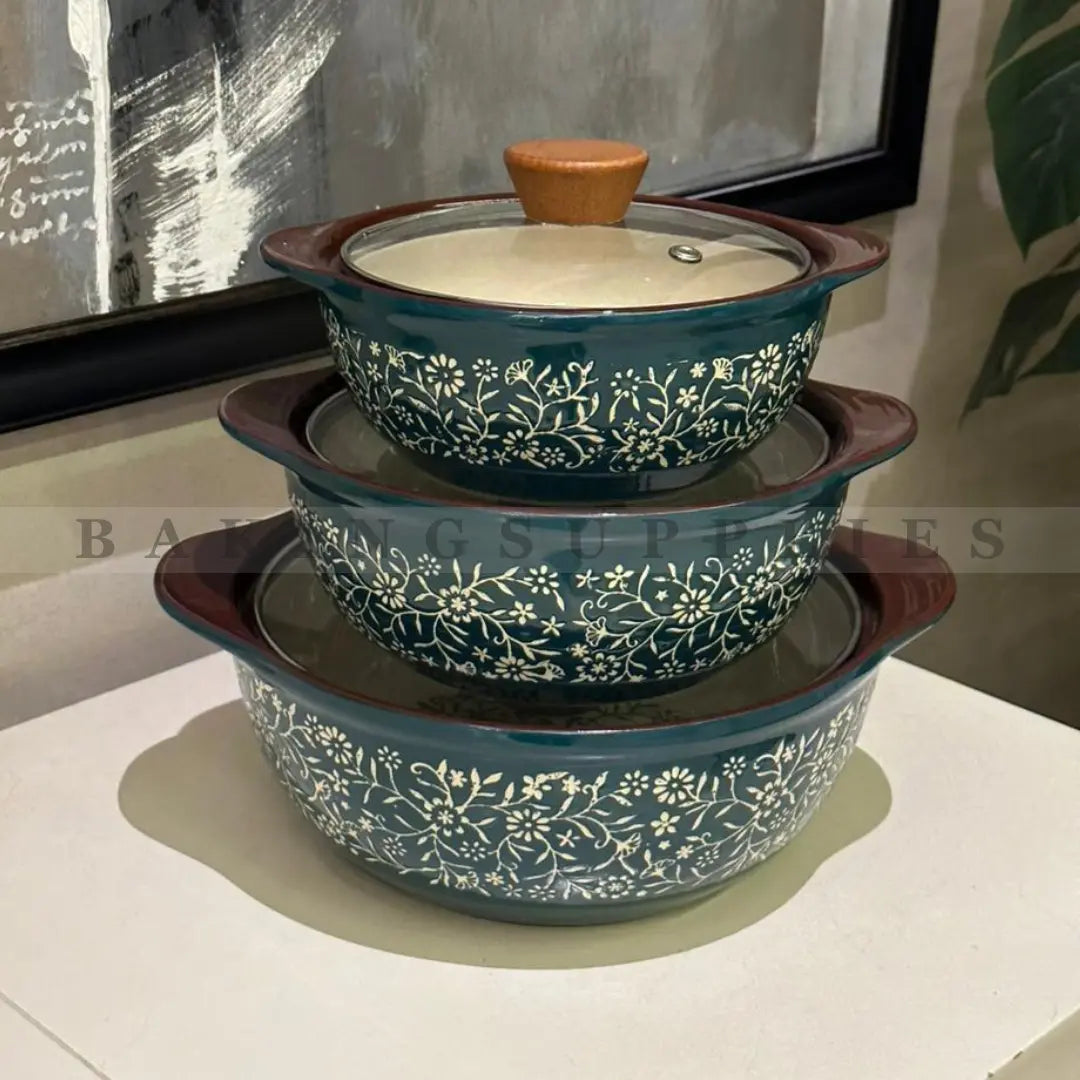 3 Piece Ceramic Bowl Set with Lids – Floral Design