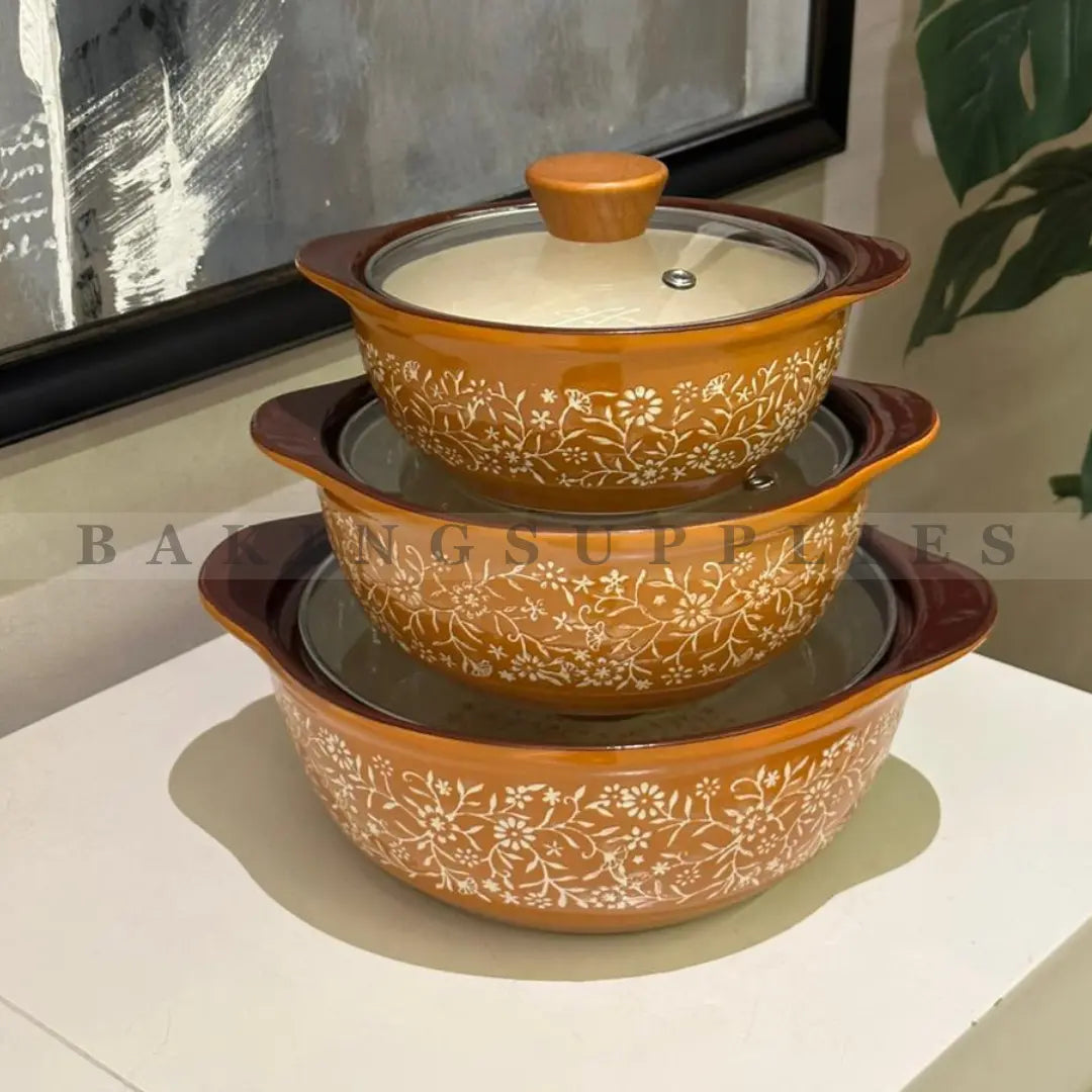 3 Piece Ceramic Bowl Set with Lids – Floral Design