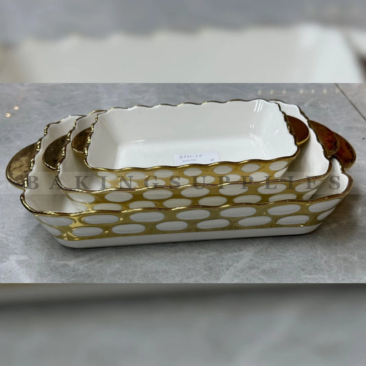 3-Piece Gold & White Serving Dish Set