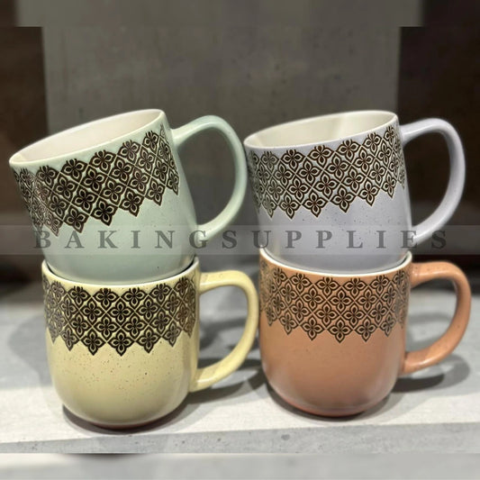 4 Pc Ceramic Mug Set | Earth Tone Floral Coffee Cups