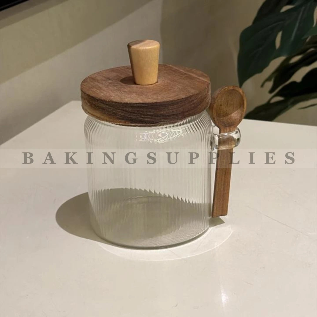 500ml Ribbed Glass Storage Jar with Wooden Lid & Spoon