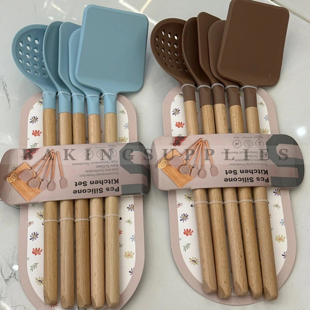 5 Piece Silicone Spatula Set with Wooden Handles