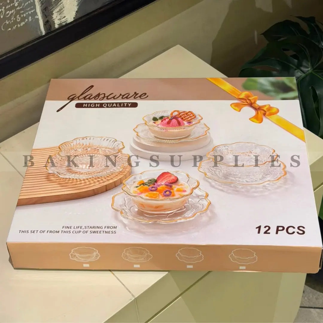 12-Piece Floral Glass Dessert Bowl & Saucer Set with Gold Rim