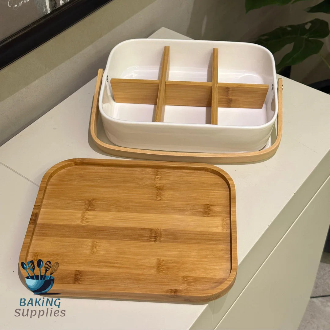 6-Sectional Ceramic Dry Fruit Platter with Wooden Lid