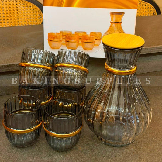 7-Piece Ribbed Glass Water Set with Wooden Lid & Gold Accent