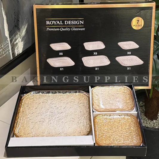 Square Glass Cake Serving Set 7 Pieces | Gold & Grey Dessert Set