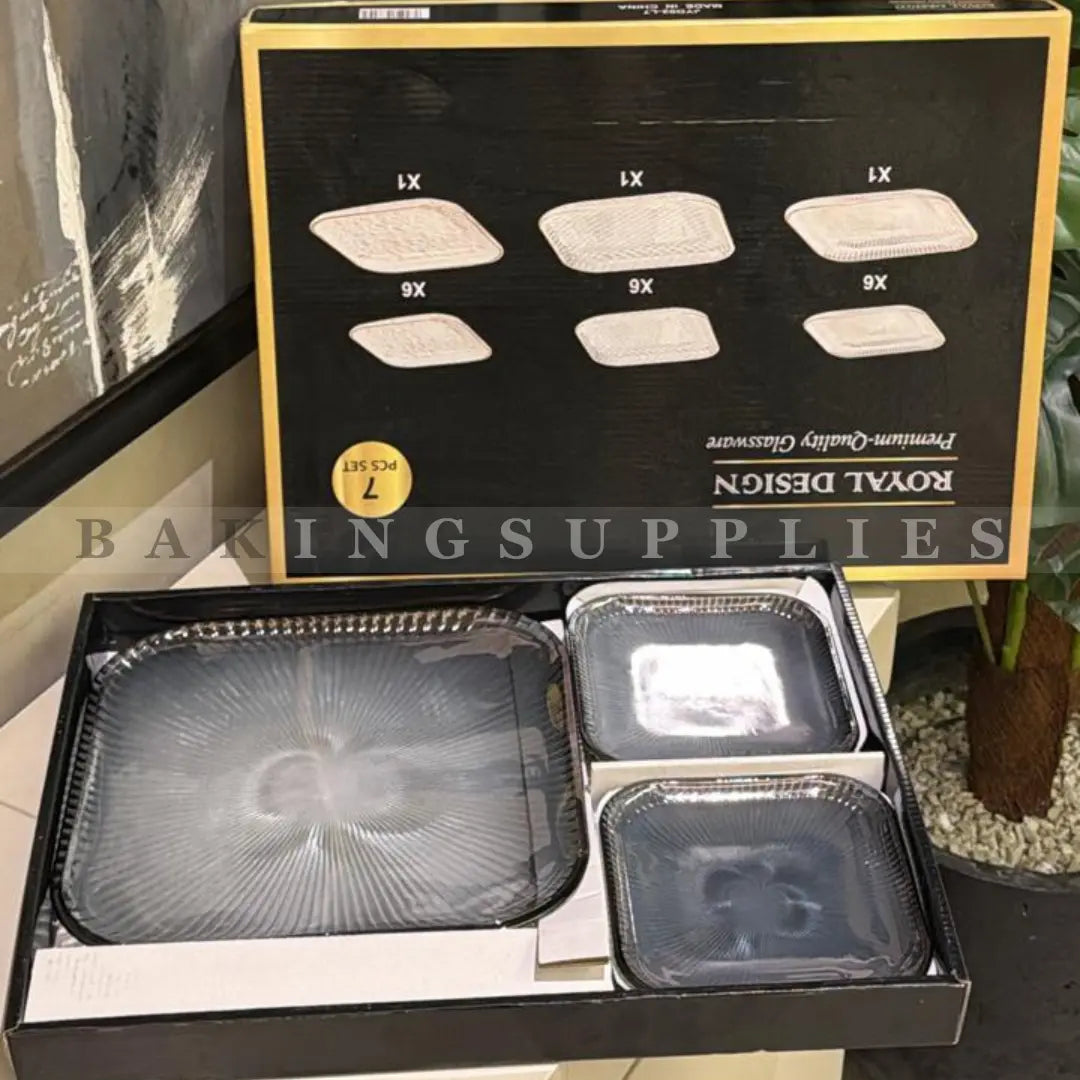 Square Glass Cake Serving Set 7 Pieces | Gold & Grey Dessert Set