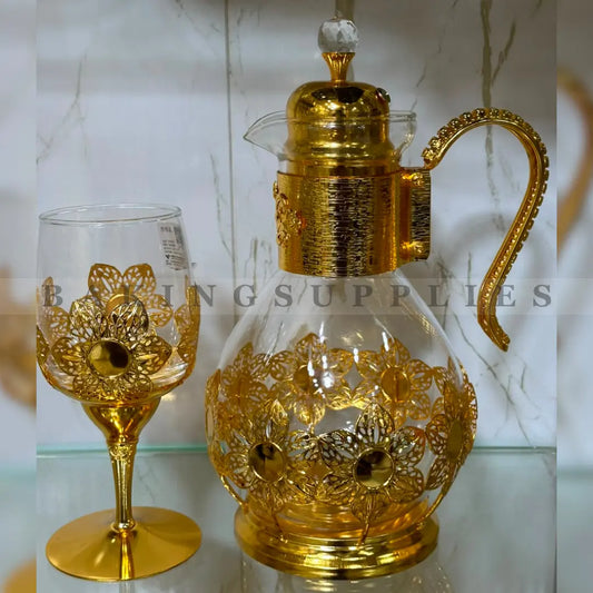 7 Piece Golden Floral Water Set with Jug & Glasses