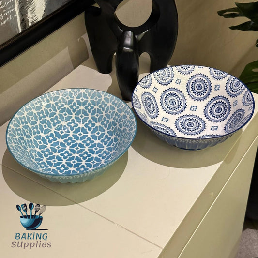 8-Inch Deep Ceramic Bowls – Floral Blue & Navy
