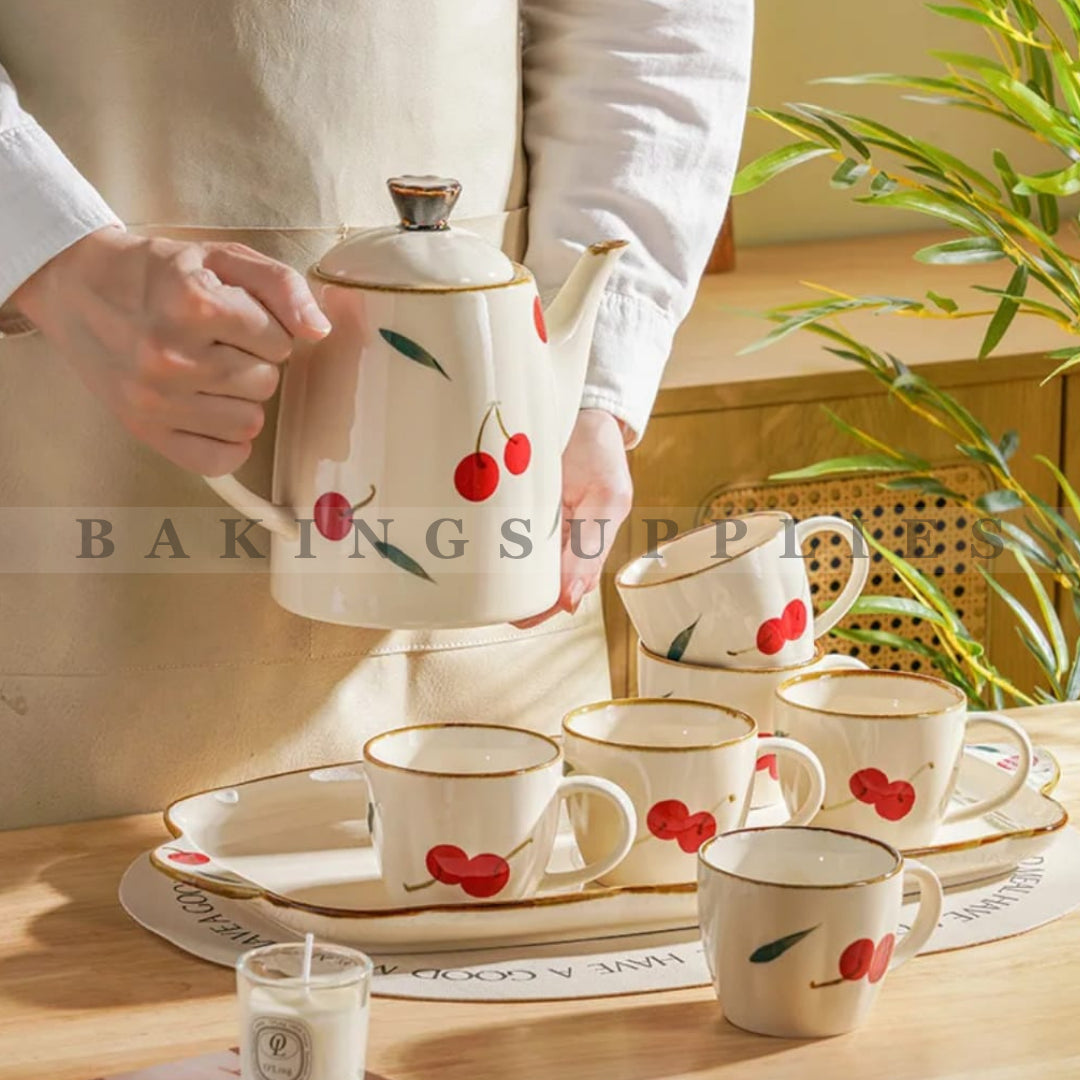 Cherry Print Ceramic Tea Set 8 Piece with Serving Tray