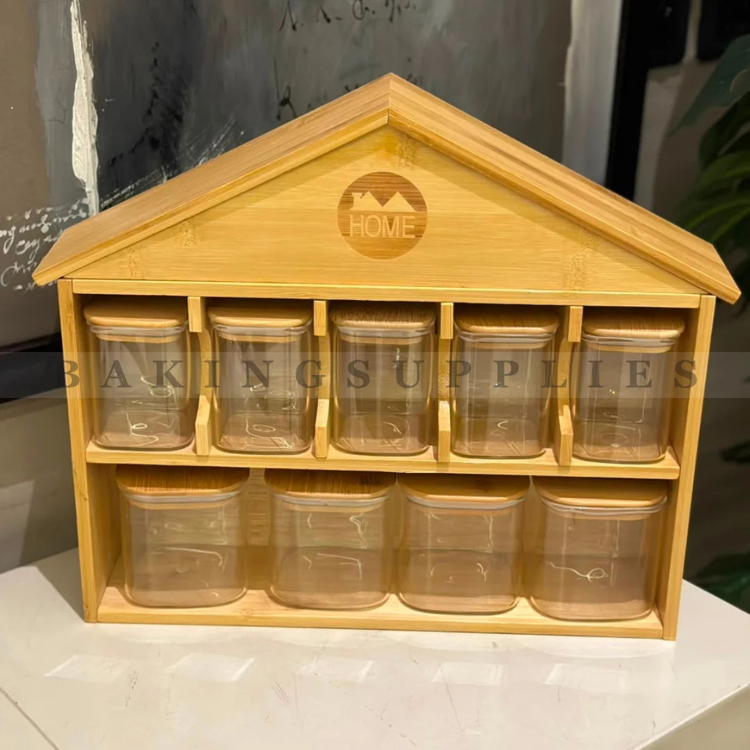 9 Piece Glass Spice Jar Set with Wooden House Stand