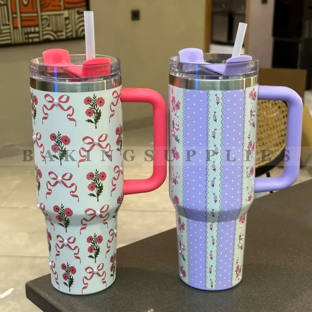 Aesthetic Floral Bow Tumblers with Straw and Handle