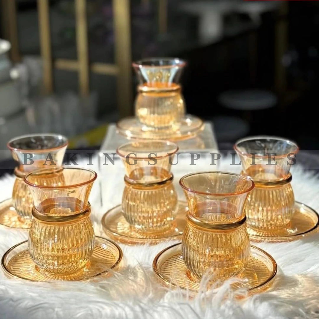 Amber Ribbed Glass Tea Cup & Saucer Set of 6