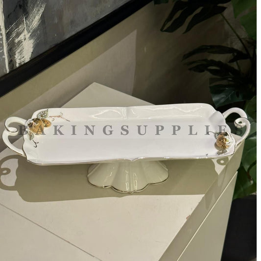 Angela Luxury Long Serving Dish – White Ceramic Platter with Gold Accents & Handles